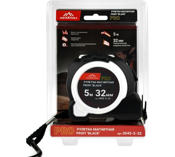 Рулетка vertextools profi "black" магнитная, автостоп, нейлон 5x32мм 3045-5-32