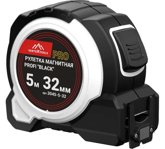 Рулетка vertextools profi "black" магнитная, автостоп, нейлон 5x32мм 3045-5-32