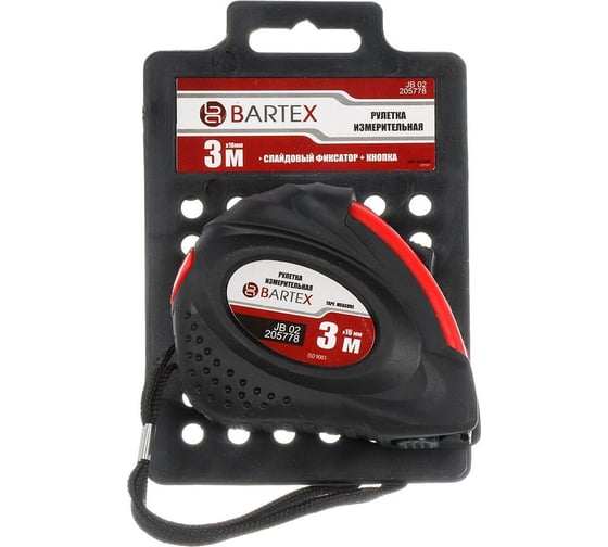Рулетка BARTEX 3 м, обрезиненный пластик, 16 мм, с фиксатором, + кнопка 205778