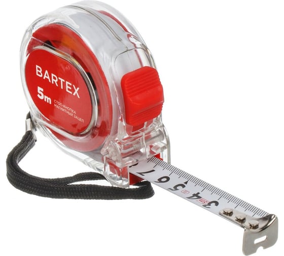 Рулетка BARTEX 5 м, магнитная, 19 мм, с фиксатором, прозрачный корпус 310433 1