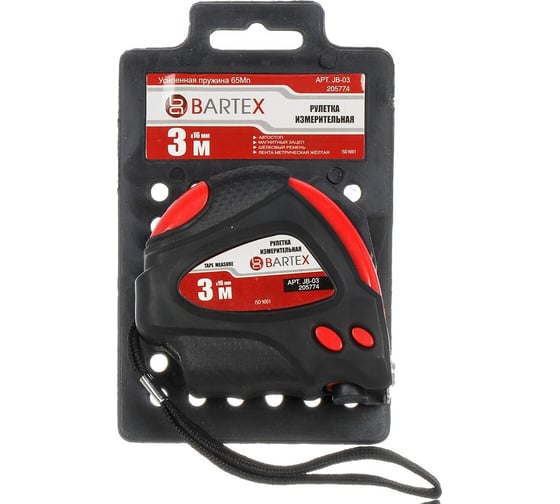Рулетка BARTEX 3 м, обрезиненный пластик, магнитная, 16 мм, с автостопом, + 2 кнопки 205774