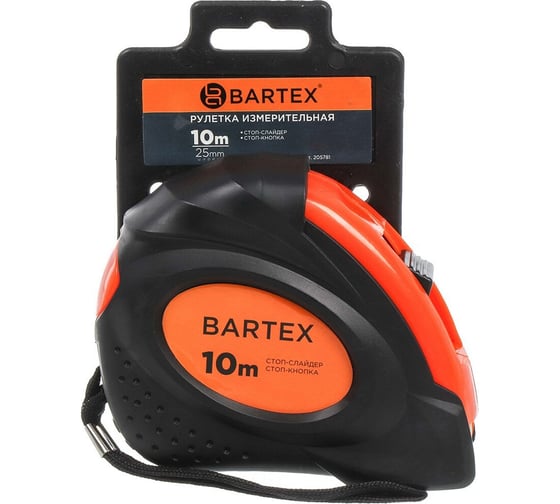 Рулетка BARTEX 10 м, обрезиненный пластик, 25 мм, с фиксатором, + кнопка 205781