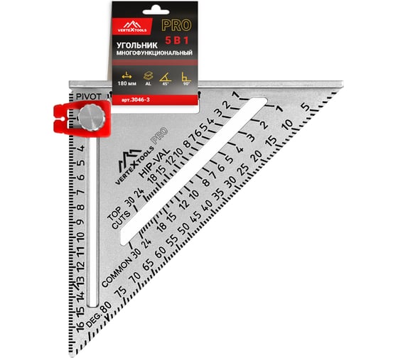 Угольник многофункциональный vertextools profi al, подвижная шкала, плоскость+масштаб толщина 4,5 3046-3