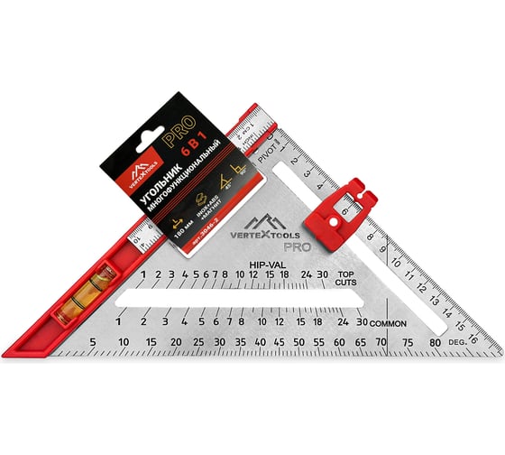 Угольник многофункциональный vertextools profi 6 в 1, inox+abs+магнит, толщина 2,0 мм 3046-2