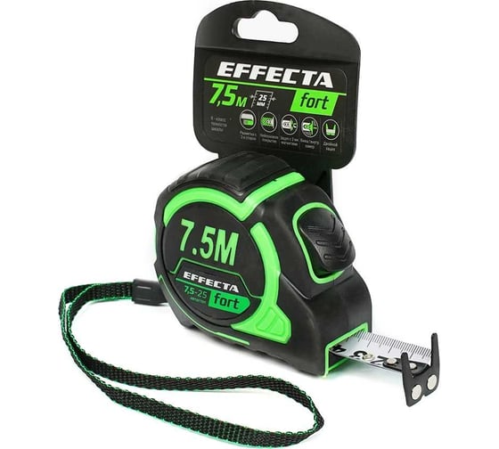 Рулетка EFFECTA Fort 7.5 м, 25 мм, магнит, автостоп, нейлоновая лента с 2-сторонней шкалой 581725