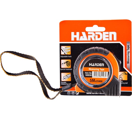 Измерительная рулетка HARDEN с ударопрочным обрезиненным корпусом, 5мх25мм. 580036