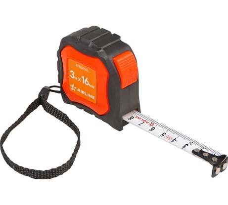 Рулетка в прорезиненном корпусе Airline 3 м, 16 мм, автостоп, магнитный зацеп ATBQ026