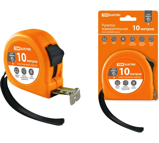 Рулетка, длина 10 м, стальная лента, ширина 25 мм, пластиковый корпус, TDM ELECTRIC "Гранит" SQ1018-0104