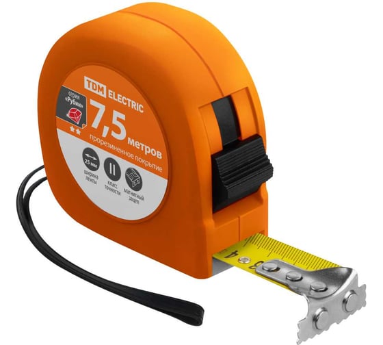 Рулетка длина 7.5 м, стальная лента, ширина 25 мм, прорезиненное покрытие, магнит TDM ELECTRIC "Рубин" SQ1018-0107 1