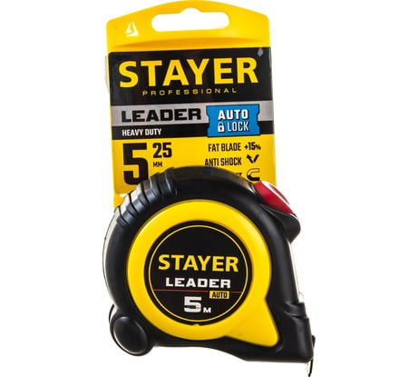 Рулетка Stayer LEADER 5м / 25мм с автостопом в ударостойком обрезиненном корпусе 3402-5_z02