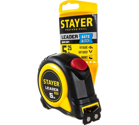 Рулетка Stayer LEADER 5м / 25мм с автостопом в ударостойком обрезиненном корпусе 3402-5_z02