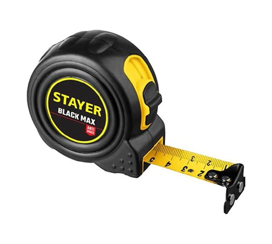 Рулетка Stayer BlackMax 8м / 25мм в ударостойком полностью обрезиненном корпусе и двумя фиксаторами 3410-08_z02