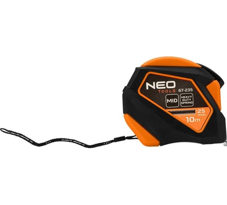 Стальная рулетка NEO TOOLS 10 м, 25 мм, обрезиненный корпус, автоблокировка, кнопка остановки, магнит 67-235