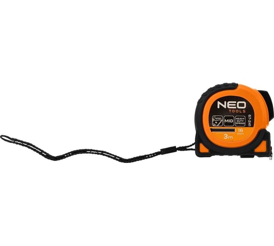 Стальная рулонная мера NEO TOOLS Super Black 3 м, 16 мм, автоматическая блокировка, две кнопки остановки, магнит 67-241