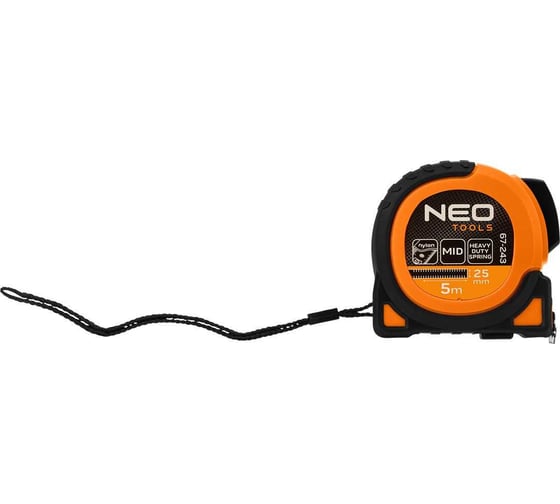 Стальная рулетка NEO TOOLS Super Black 5 м, 25 мм, автоблокировка, две кнопки остановки, магнит 67-243