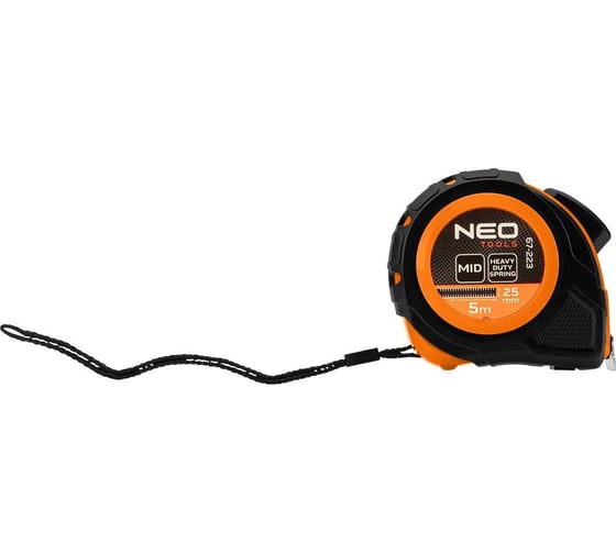 Рулонная стальная рулетка NEO TOOLS 5 м, 25 мм, автоблокировка, две кнопки остановки 67-223 1