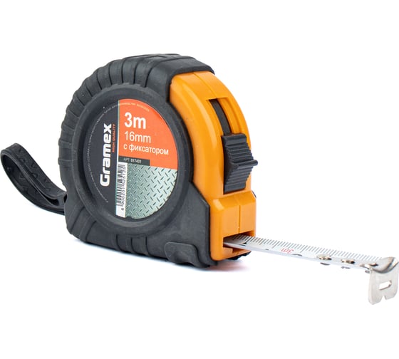 Рулетка Gramex 3м х 16мм, с фиксатором, обрезиненный корпус HL-3 (12/120) 017431 1