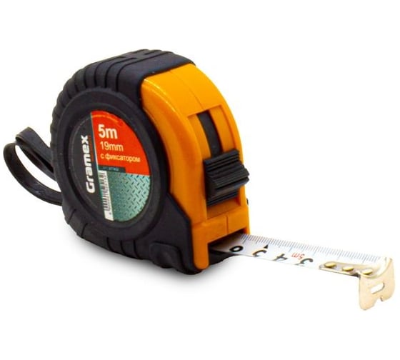 Рулетка Gramex 5м х 19мм, с фиксатором, обрезиненный корпус HL-5 (12/120) 017432