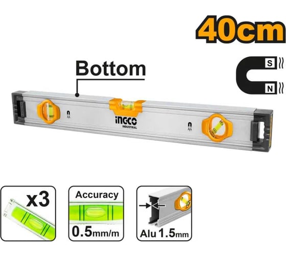 Пузырьковый уровень INGCO с мощными магнитами, 40 см, 3 уровня HSL38040M