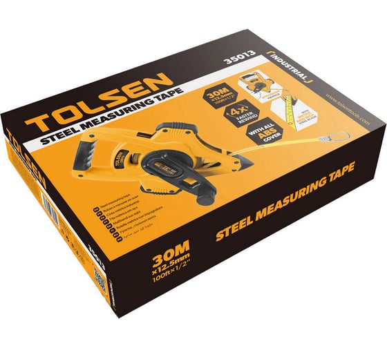 Лента мерная геодезическая TOLSEN Industrial 30 м х 12.5 мм, сталь, открытый корпус, быстр смотка, двухкомп 35013