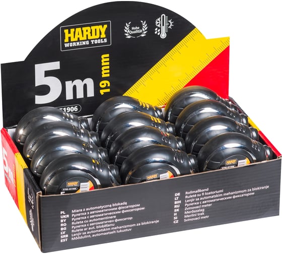 Рулетка HARDY с автоматическим фиксатором, 5м х 19мм, в блистере 0700-451905