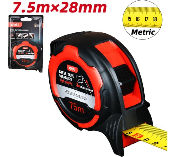 Рулетка DELI DL377528 7,5м x 28мм, метрическая, противоударный корпус 166310