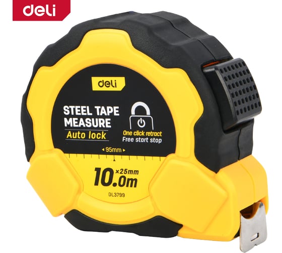 Рулетка DELI 10м х 25мм DL3799 (Автостоп, ударопрочный обрезиненный корпус, метрическая, клипса, ремешок) 166282