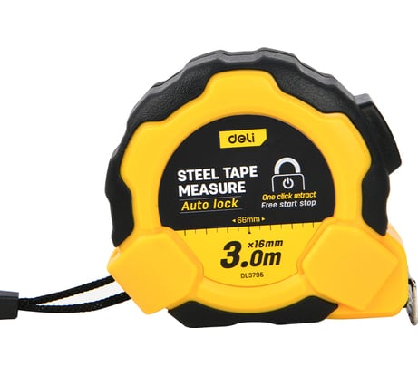 Рулетка DELI DL3795 3м х 16мм (Автостоп, ударопрочный обрезиненный корпус, метрическая, клипса, ремешок) 166270