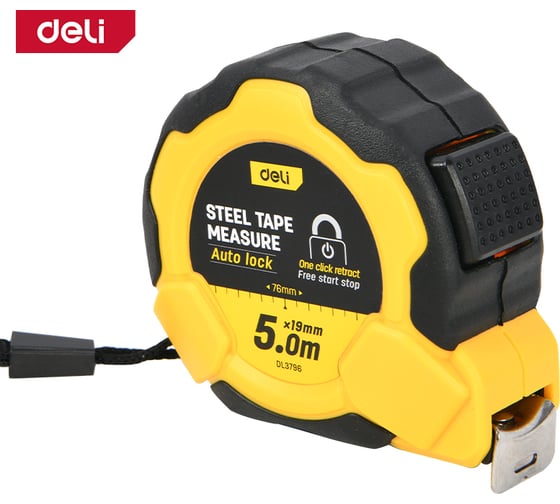 Рулетка DELI DL3796 5м х 19мм (Автостоп, ударопрочный обрезиненный корпус, метрическая, клипса, ремешок) 166271