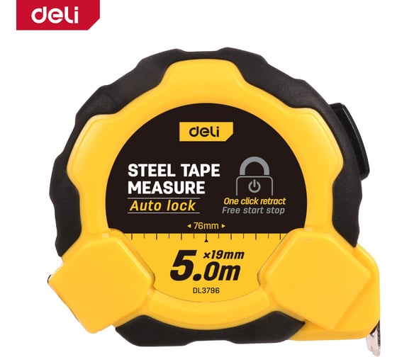 Рулетка DELI DL3796 5м х 19мм (Автостоп, ударопрочный обрезиненный корпус, метрическая, клипса, ремешок) 166271