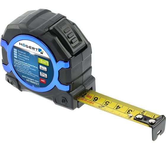 Рулетка HOEGERT TECHNIK 5м x 19 мм, MID, с магнитом HT4M437