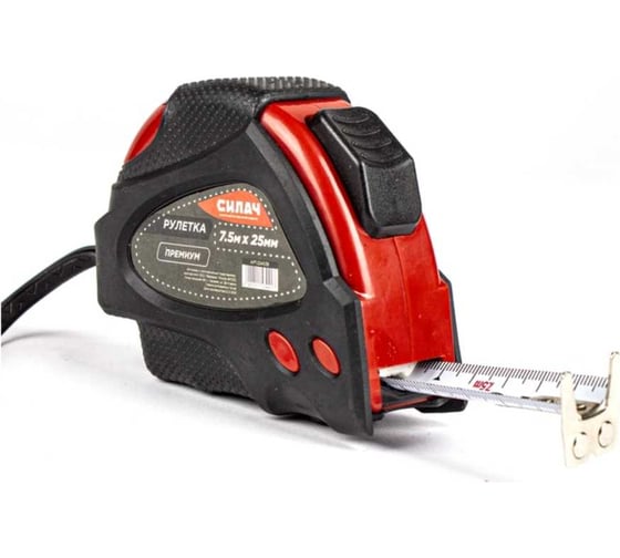 Рулетка СИЛАЧ ПРЕМИУМ 7.5м х 25мм магнитная, обрезиненный корпус, нейлон. двусторонне покрытие ленты, автостоп (6/60) 024539 1