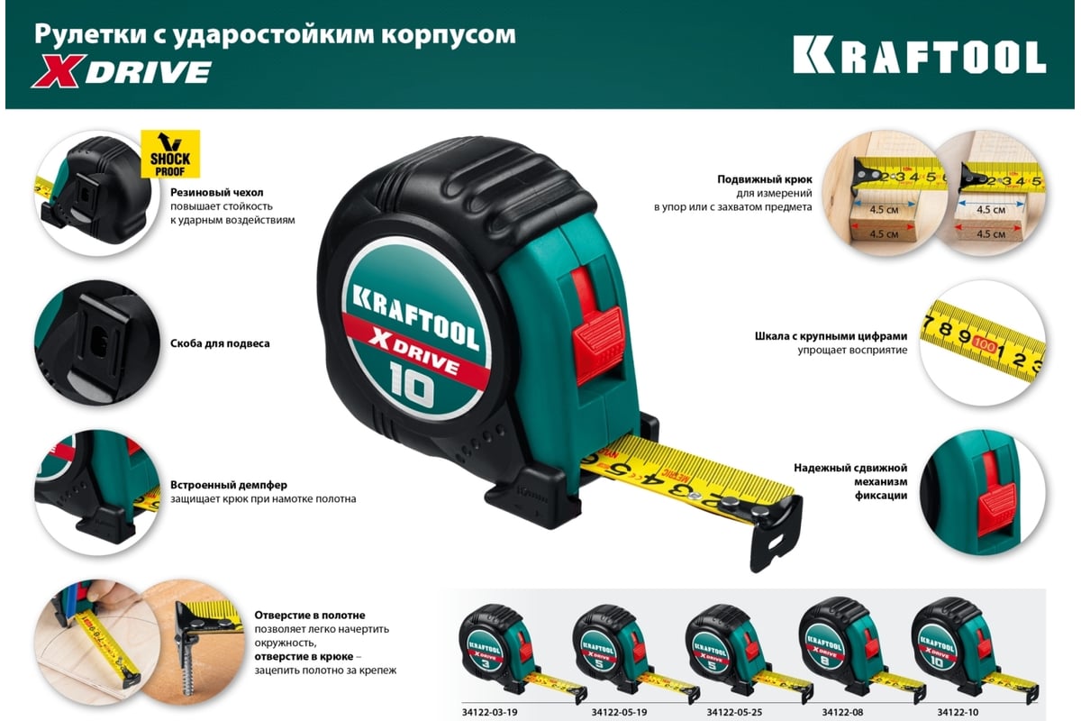 Рулетка KRAFTOOL X-Drive 5м/25мм с ударостойким обрезиненным корпусом  34122-05-25_z02 - выгодная цена, отзывы, характеристики, фото - купить в  Москве и РФ