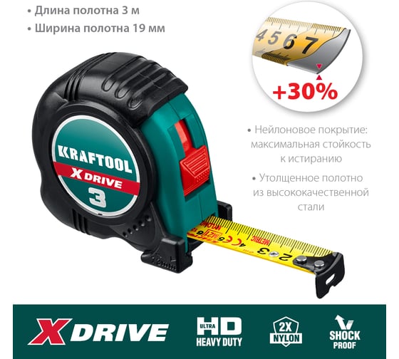 Рулетка KRAFTOOL X-Drive 3м/19мм с ударостойким обрезиненным корпусом 34122-03-19_z02