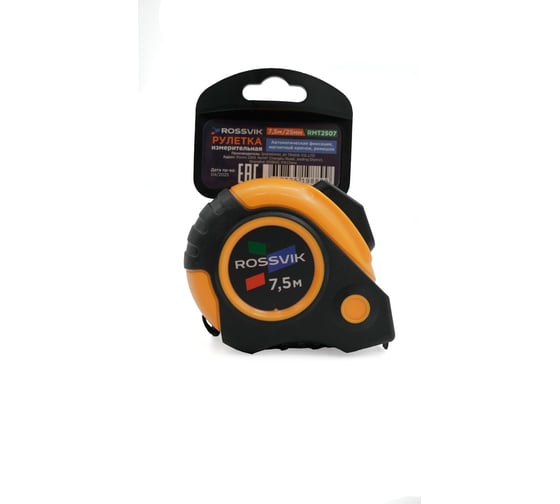 Рулетка измерительная Rossvik 7,5 м x 25 мм, автостоп, магнит, обрезиненный корпус RMT2507