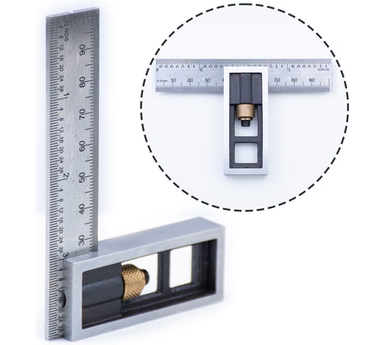 Угольник GOLDRATIO 100мм, с подвижной подошвой, мм/дюймы М00023938