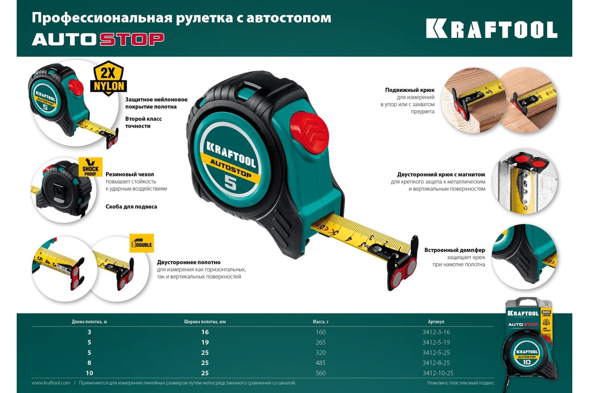 Рулетка с автостопом KRAFTOOL AutoStop 5 м 3412-5-25