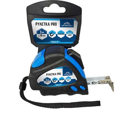 Рулетка vertextools нейлоновая 3х19 мм, автостоп 3044-3
