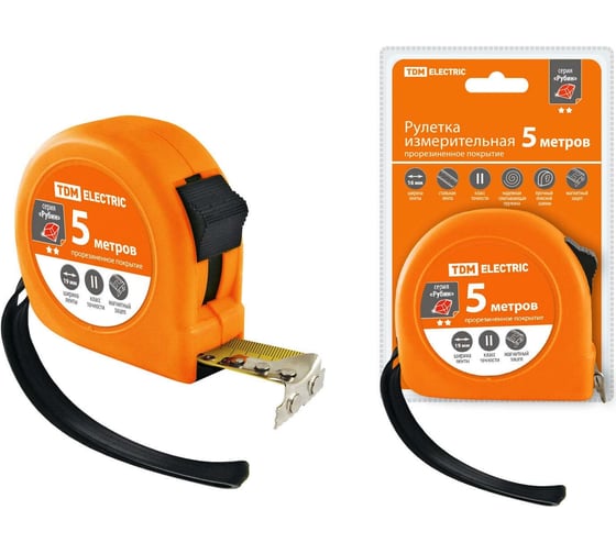 Рулетка TDM ELECTRIC длина 5 м, стальная лента, ширина 19 мм, прорезиненное покрытие, магнит, "Рубин" SQ1018-0106