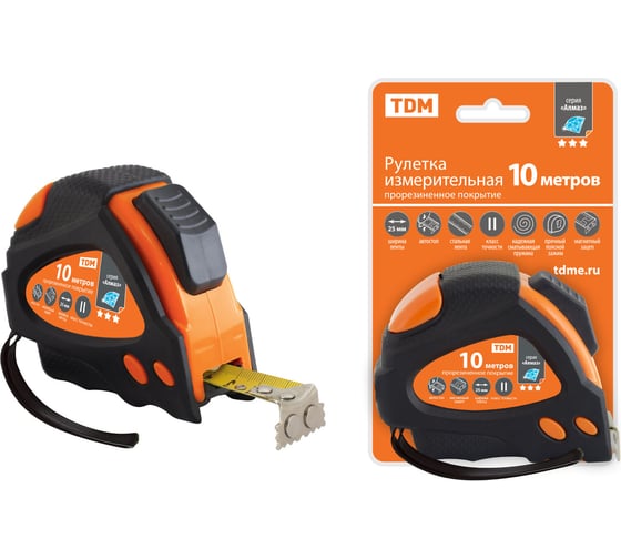 Рулетка TDM ELECTRIC 10 м х 25 мм, тройная фиксация, автостоп, обрезиненный корпус, магнит, Алмаз SQ1018-0112 1