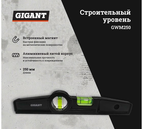 Алюминиевый магнитный строительный уровень Gigant 250мм GWM250