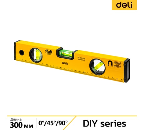 Строительный уровень пузырьковый DELI 300мм DL290300 (3 глазка, магнит, отверстия для подвеса) 98290