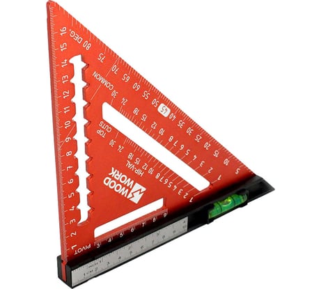 Плотницкий угольник WOODWORK 170 мм, алюминиевый, с пузырьковым уровнем и с дополнительной линейкой с двумя шкалами PTR-171