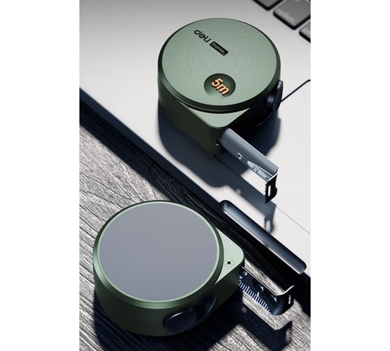 Рулетка DELI home series green ht8519l 5мх19мм, эксклюзивный дизайн, корпус из софттач пластика, противоскользящая резиновая вставка, подарочная упаковка 112897