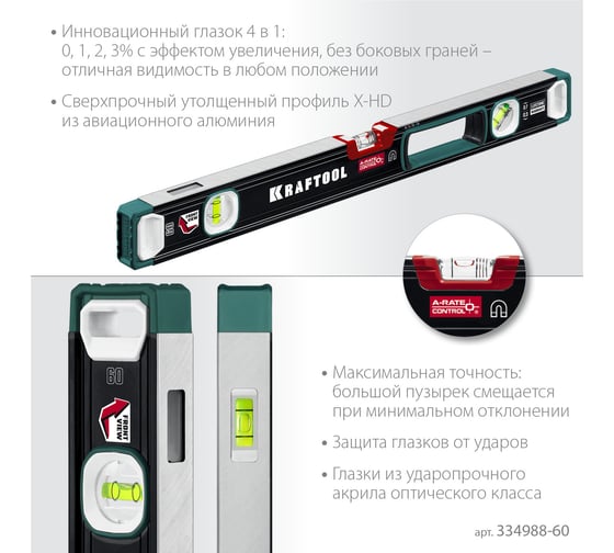 Магнитный сверхпрочный уровень KRAFTOOL A-RATE Control с зеркальным глазком, 600 мм 34988-60