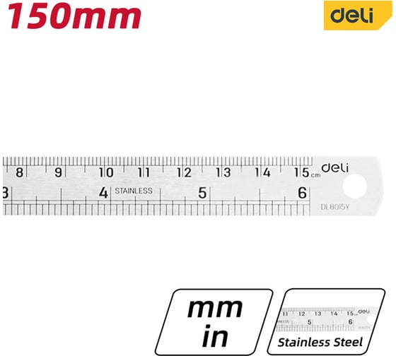 Стальная линейка DELI dl8015y 150 мм, нержавеющая сталь 118991