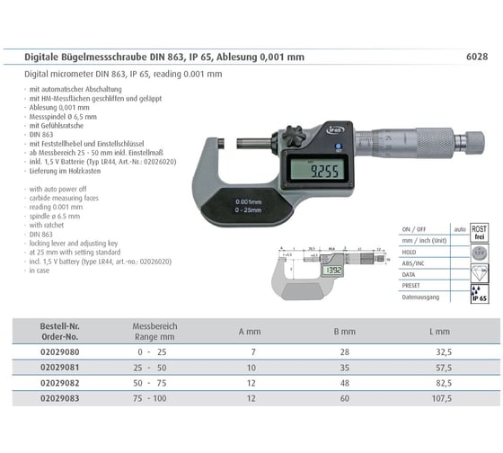 Микрометр цифровой MIB 50-75 мм пыле- влагозащищенный IP65 02029082