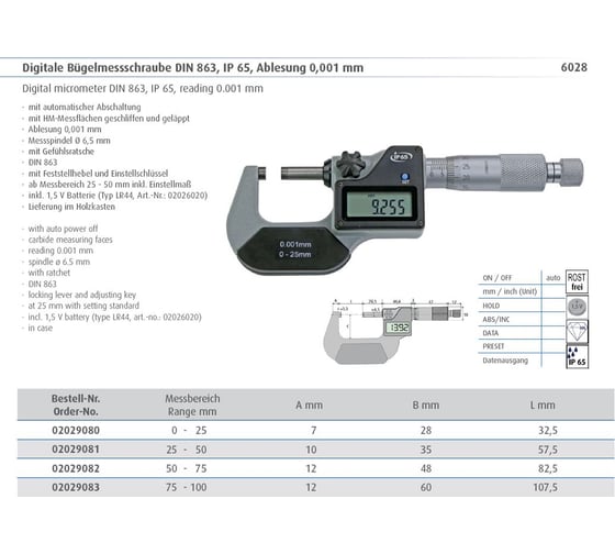 Микрометр цифровой MIB 0-25 мм пыле- влагозащищенный IP65 2029080