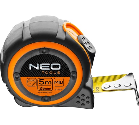 Рулетка NEO Tools двухкомпонентный корпус стальная нейлоновая лента 5 м x 25 мм магнит 67-185