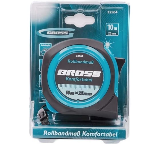 Рулетка Komfortabel, 10 м х 25 мм обрезиненный корпус GROSS 32564